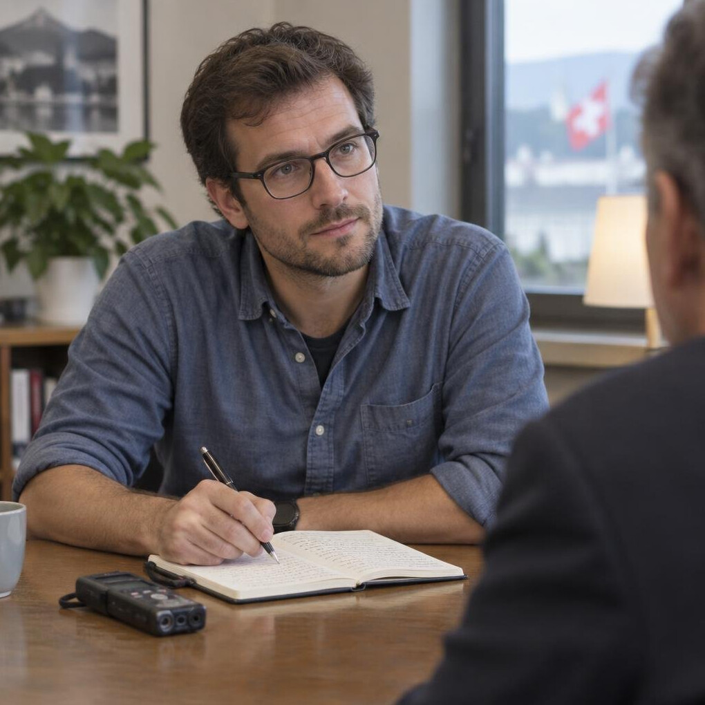 Journalist taking notes during an interview with a source