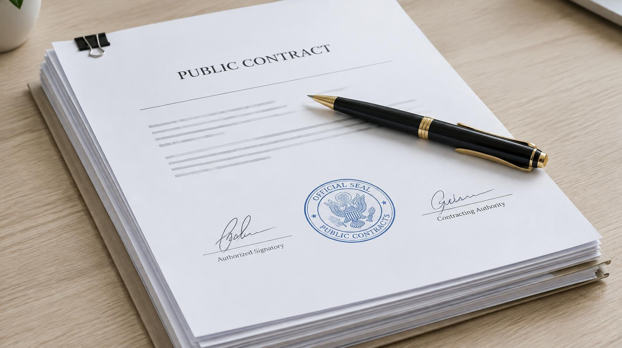 Signed contract documents with a pen on a desk