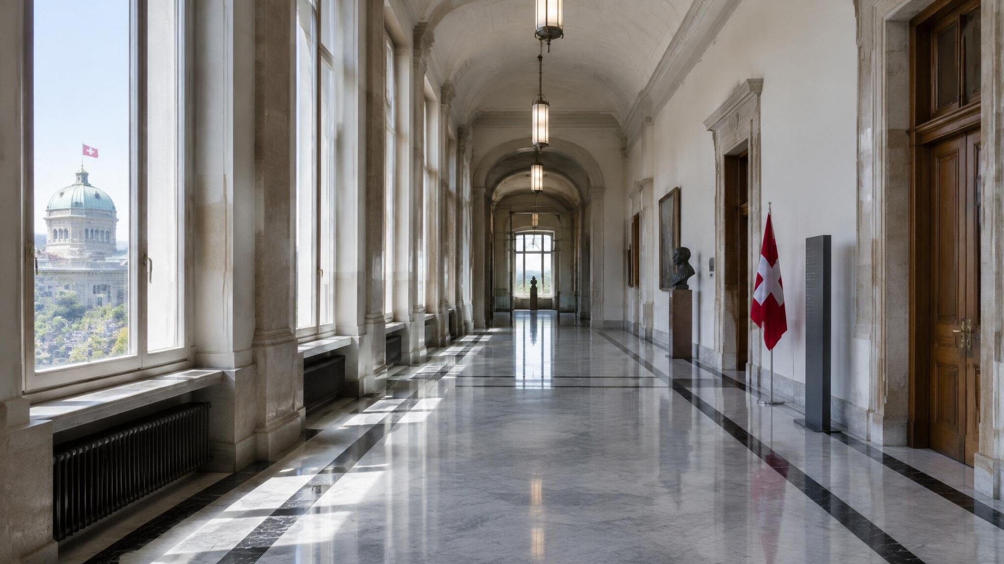 Exterior view of a federal government building corridor