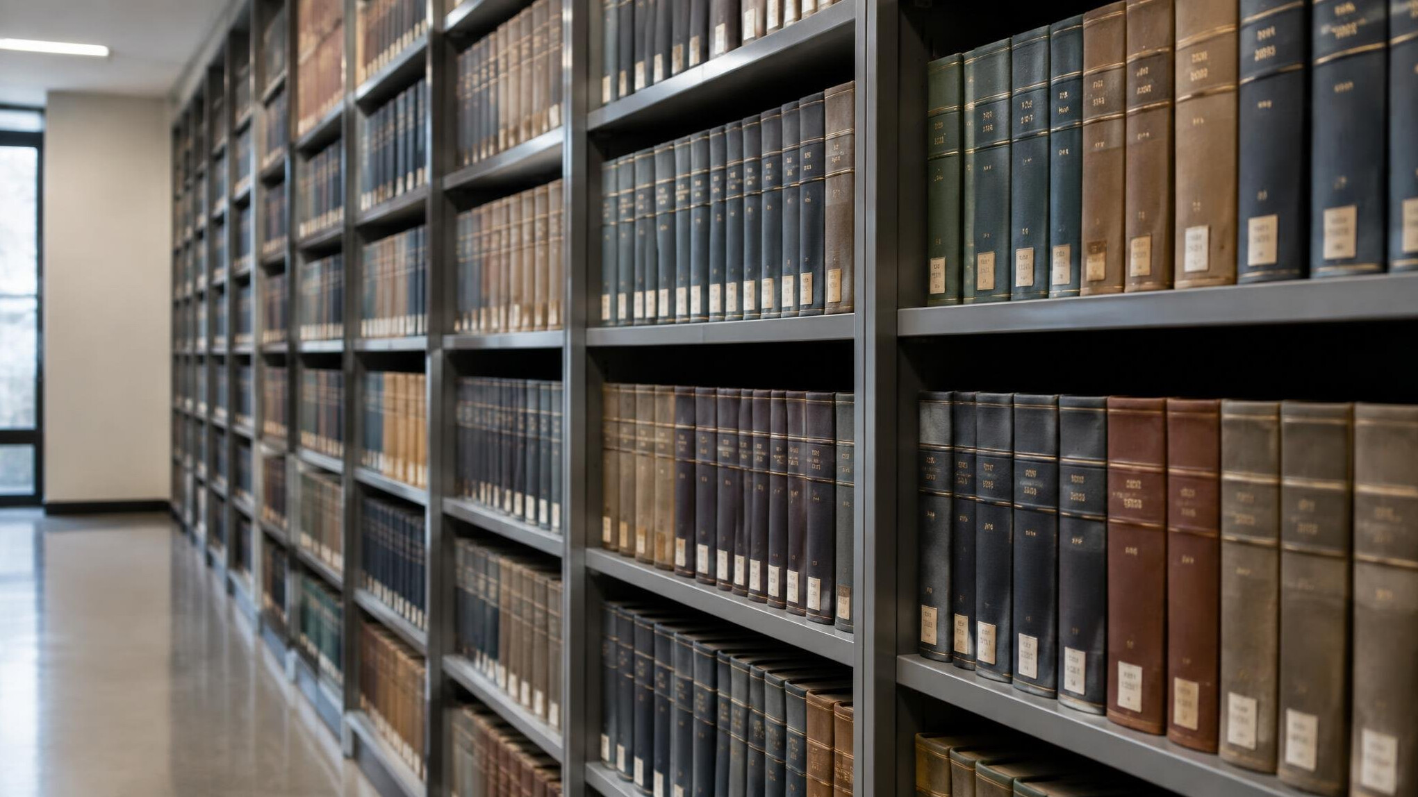 Rows of bound document volumes on library shelving