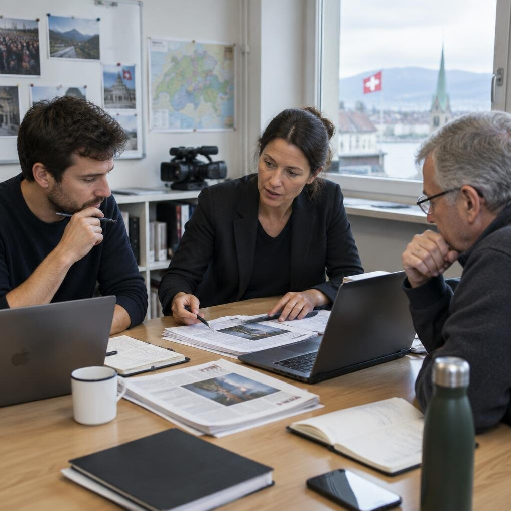 Editorial team meeting around a table with laptops and notes