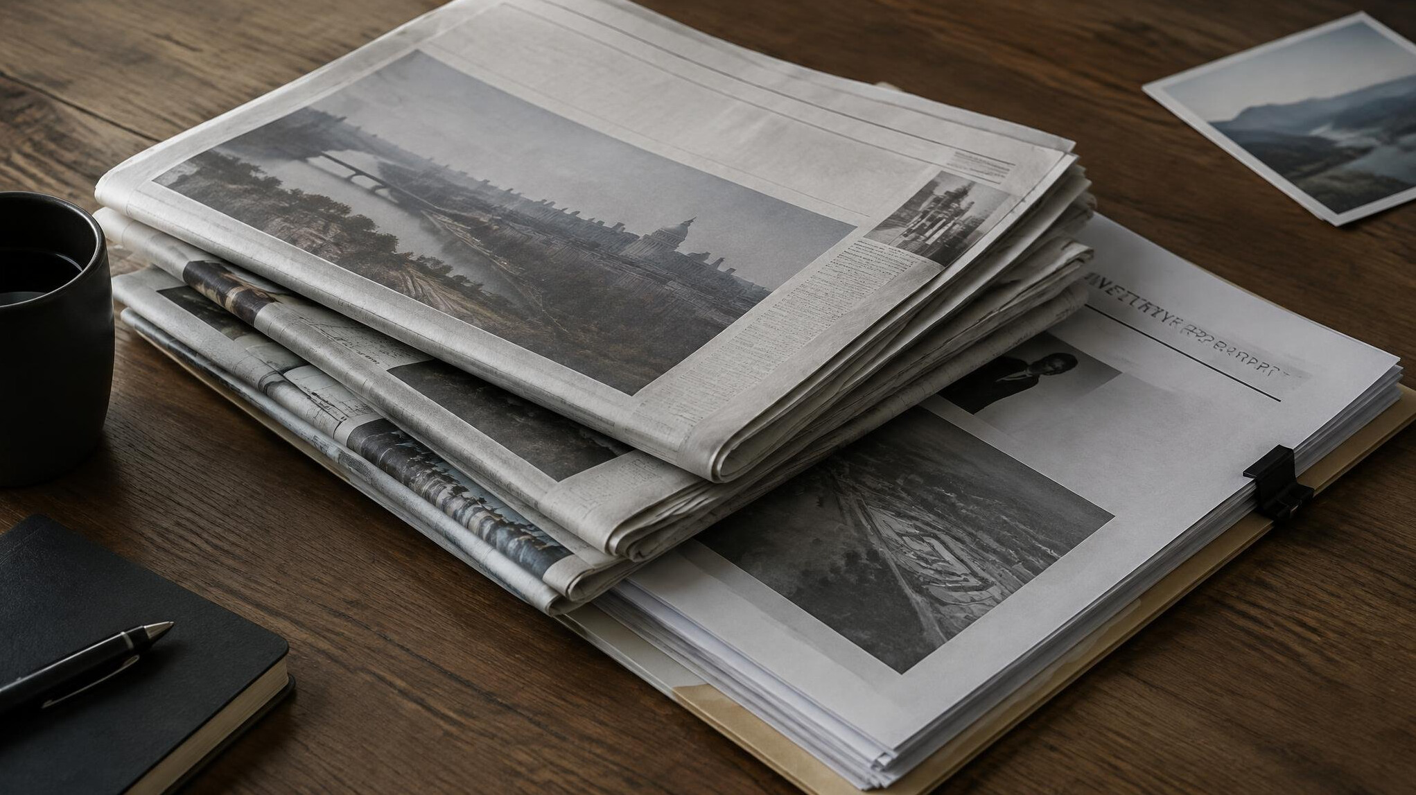Stack of printed newspapers and reports on a table