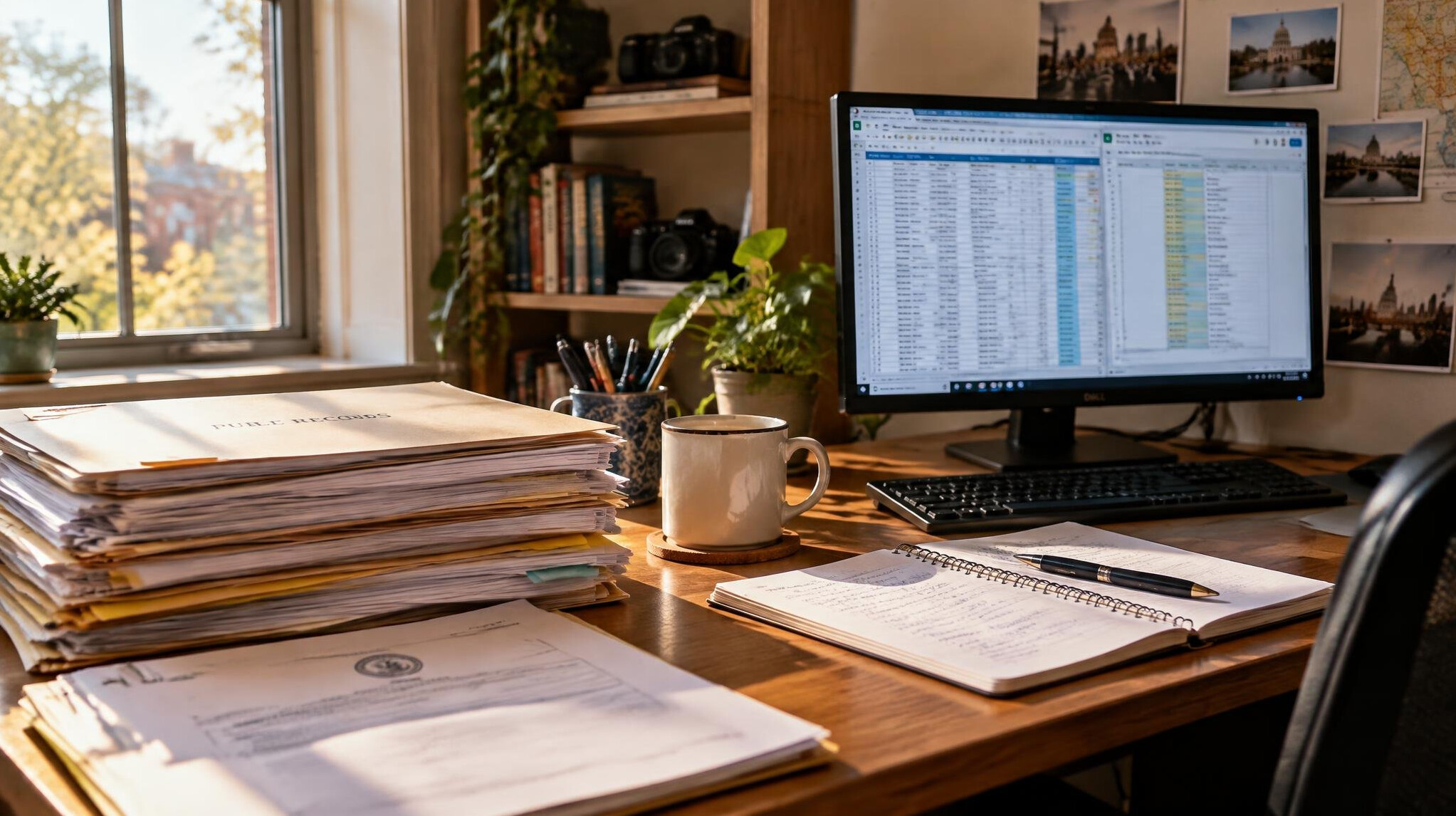 Wide view of a newsroom desk with documents and a computer