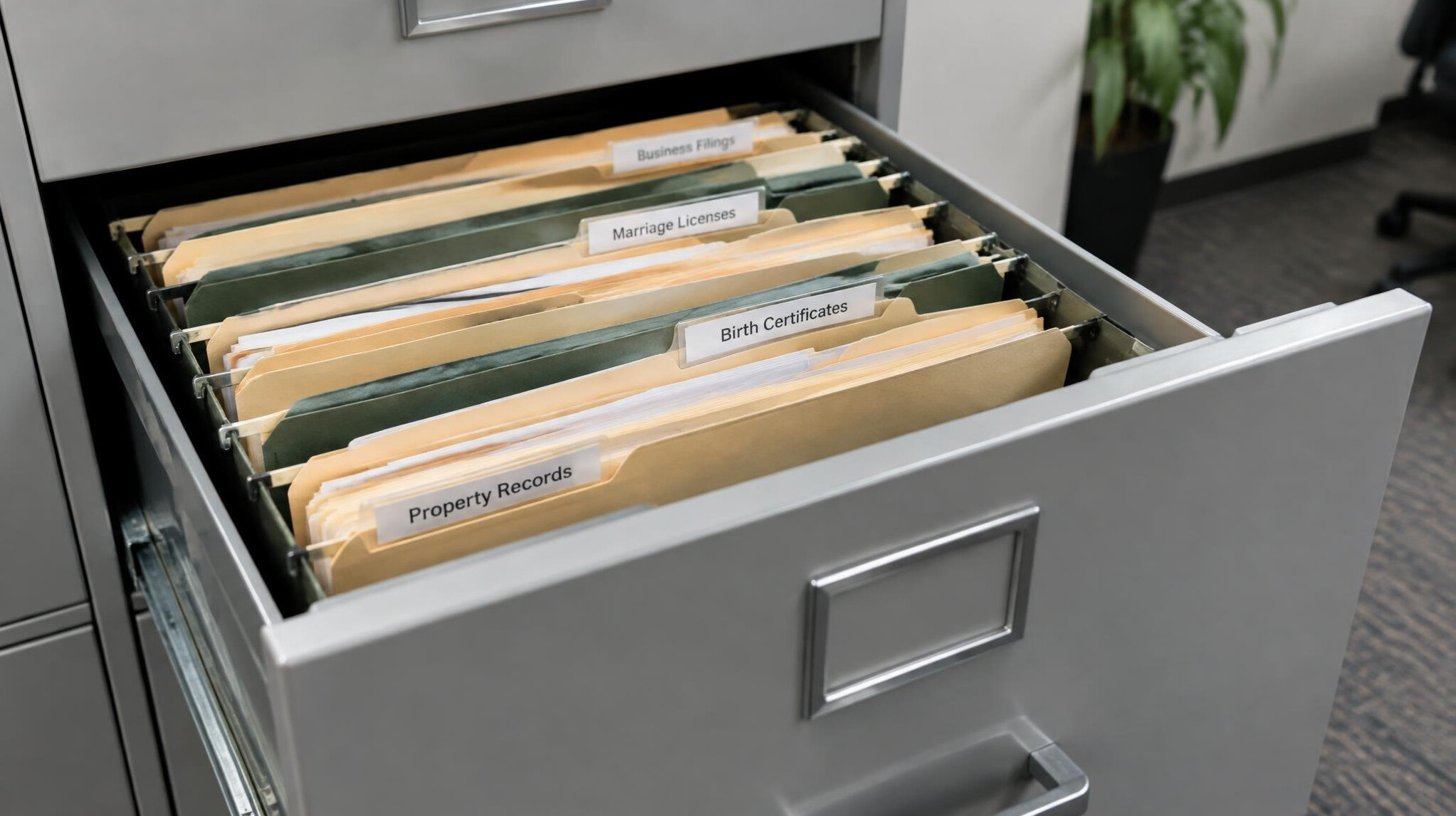 Open filing cabinet drawer with labeled public record folders