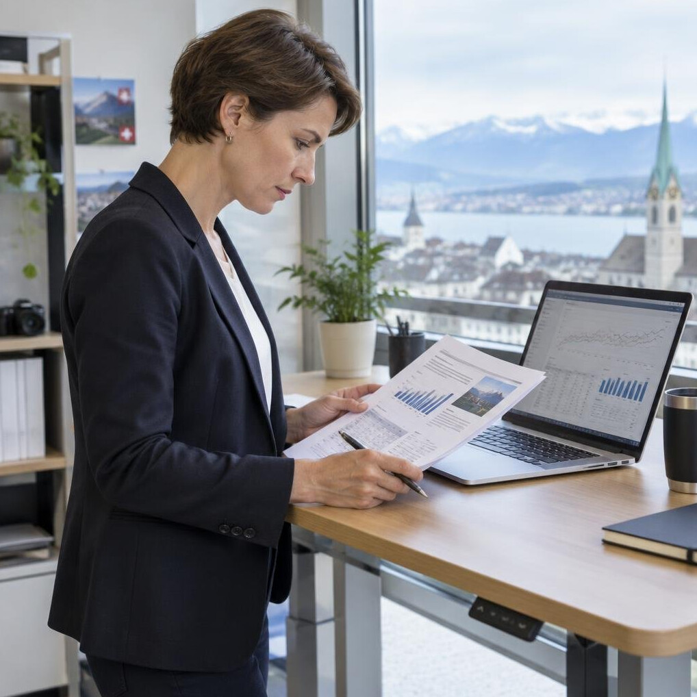 Journalist cross-checking printed reports against a laptop screen