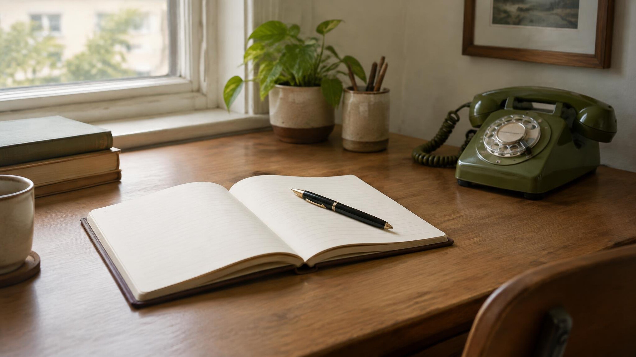 Open notebook and pen beside a rotary telephone on a desk