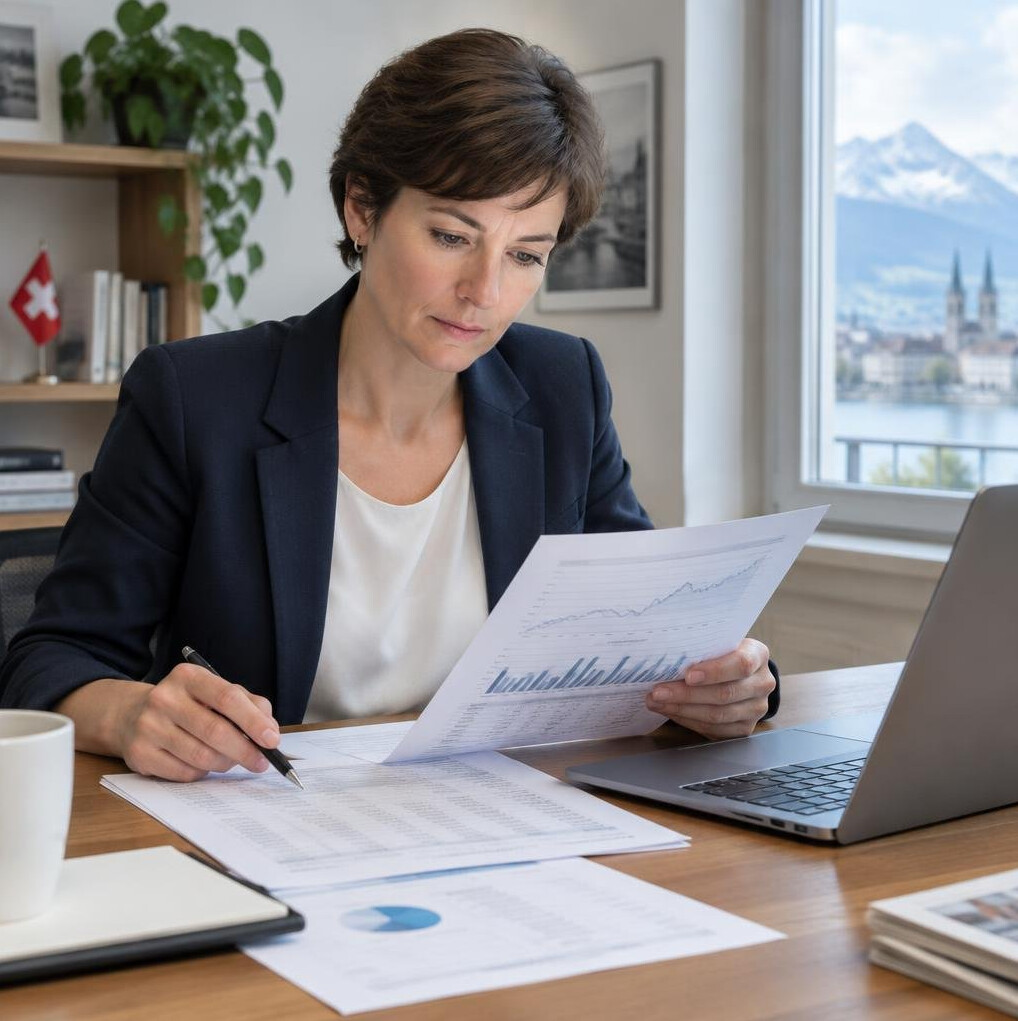 Journalist reviewing printed documents at a desk with a laptop