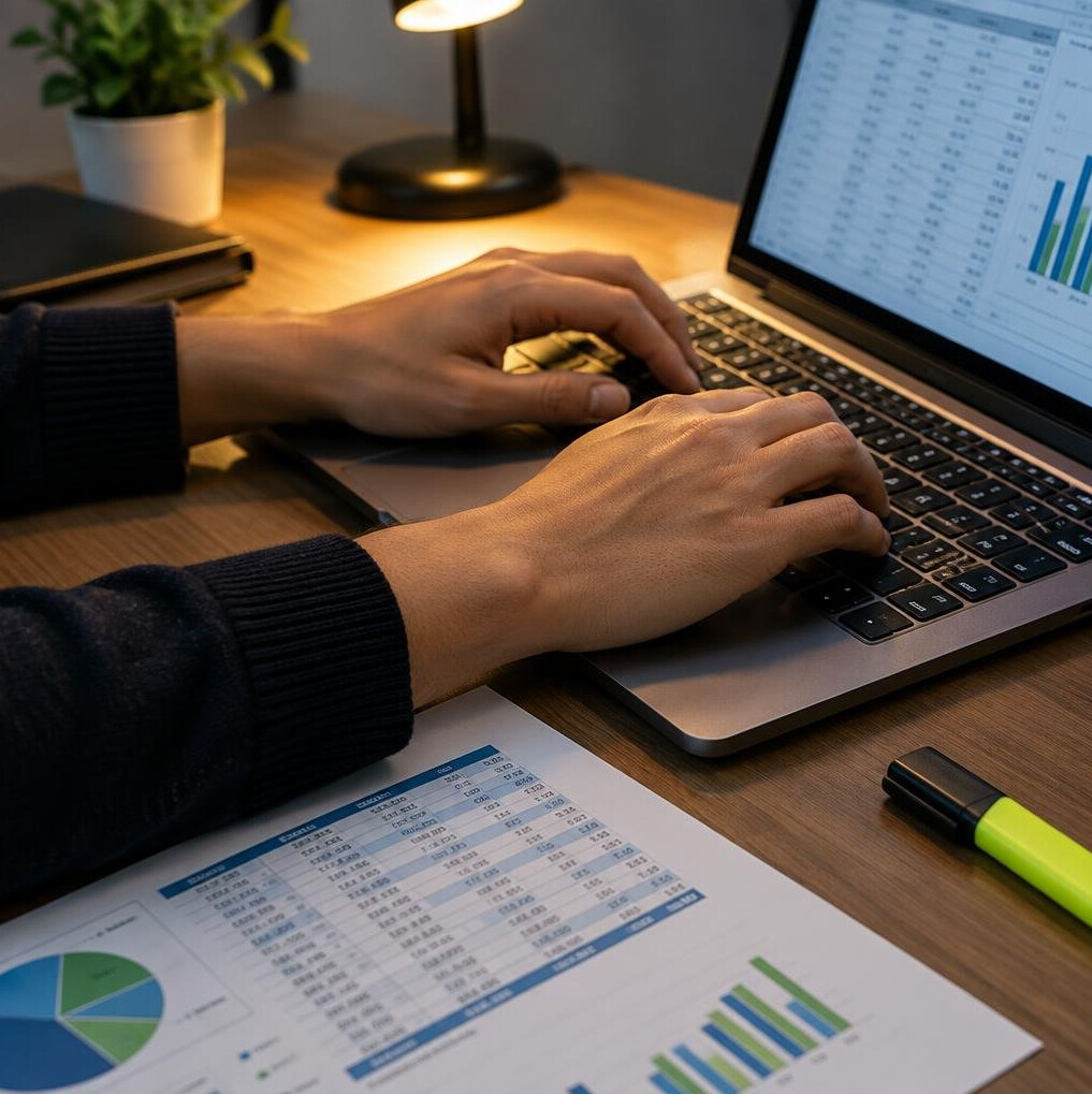 Close-up of hands typing on a laptop next to financial spreadsheets